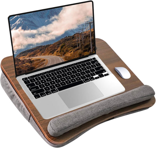 Portable Lap Desk for Laptop with Cushion, Storage Bag Fits Up to 15.6 Inch Laptop, Adults with Ipad/Phone&Pillow Holder for Home Office Bed Couch - Walnut Color