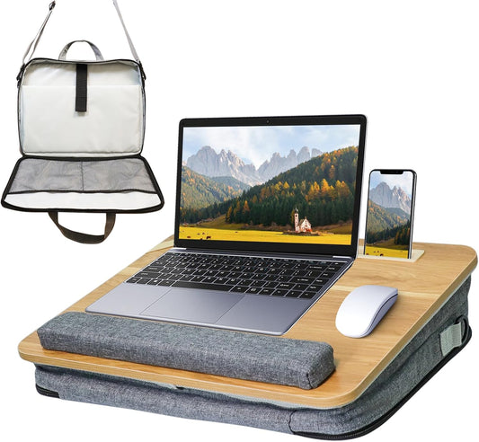 Lap Desk for Laptop Stand with Cushion, Adults with Storage Fits Up to 15.6in, Combines Features Bag and Pillow Table by Travel, Portable Workstation for Home College Office(Light Brown)