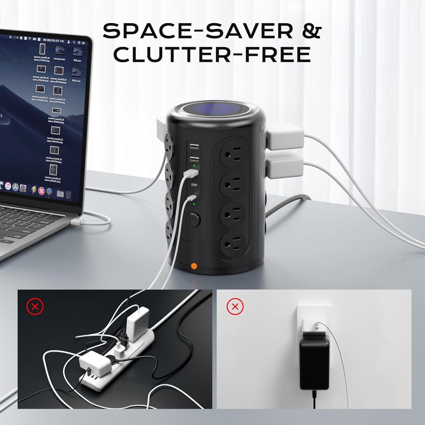 Surge Protector Power Strip 10 FT Cord, TenTrend Vertical Power Tower with 16 Outlets and 5 USB Ports (2 USB-C), 1875W 2000J Charging Station for Home Office Desk, Dorm Room Essentials, Black