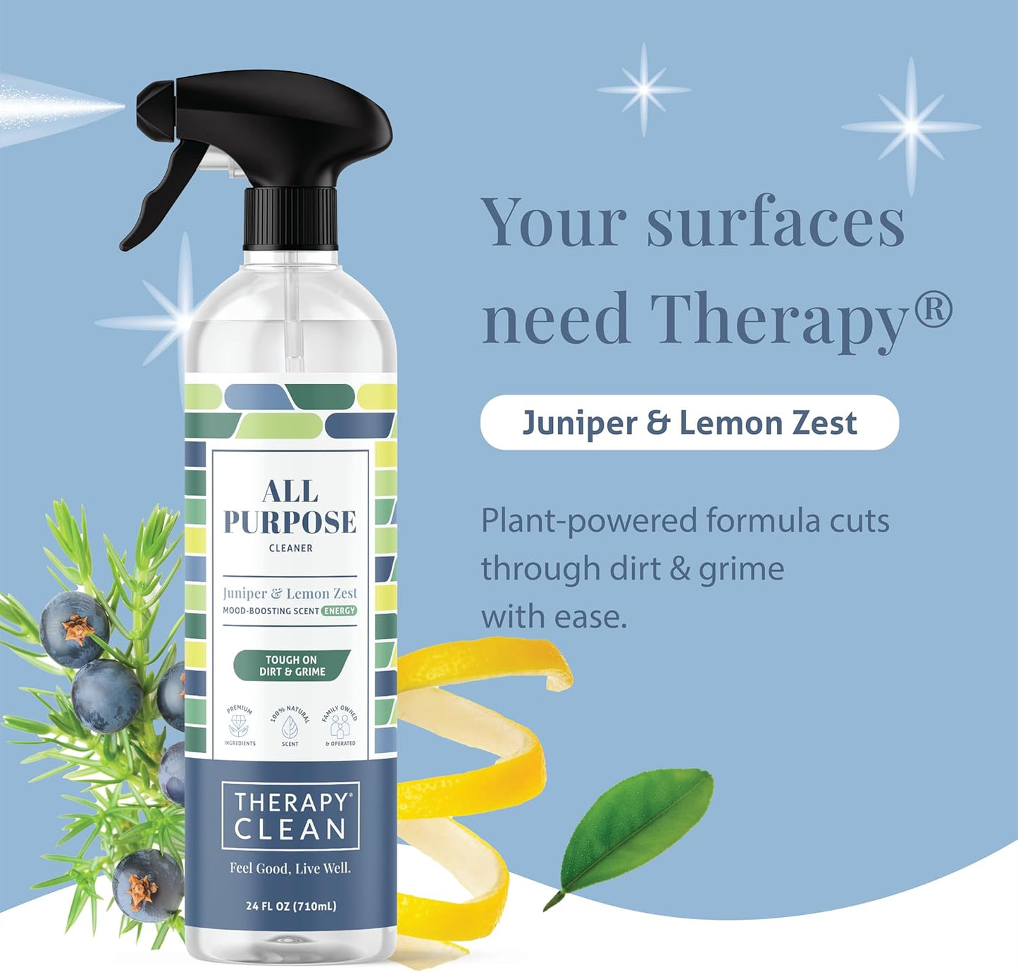 Therapy Clean All Purpose Cleaning Spray - Juniper & Lemon Zest 24 fl. oz - 100% Natural Scent, Kitchen Surface Counter, Surface Cleaner, Non Toxic All Purpose Cleaner Spray