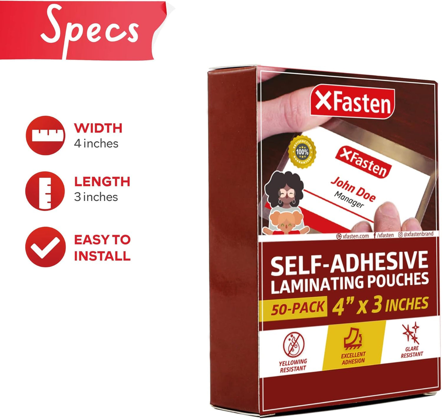 XFasten Self Sealing Laminating Pouches Business Card Size, 50-Pack, 10 Mil Non-Yellowing Business Card Laminating Pouches, Self-Adhesive Laminate Sheets, Durable, No Machine Needed, 4 in x 3 in