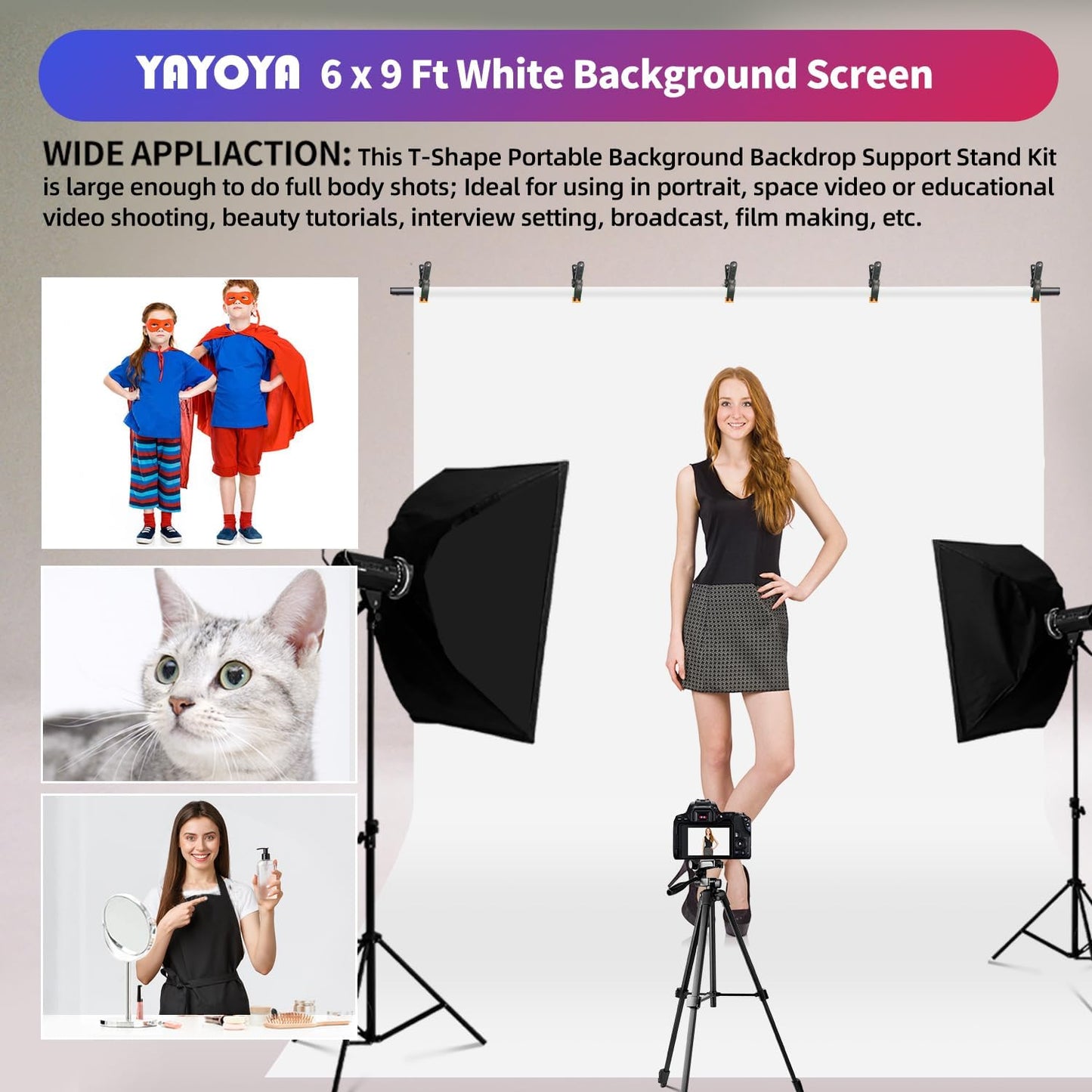White Backdrop with Stand, 6x9 ft White Photo Backdrop Curtain with 6.3x6.5 ft Background Stand, Portable Backdrop Support Kit with Carrying Bag, 5 Strong Spring Clamps