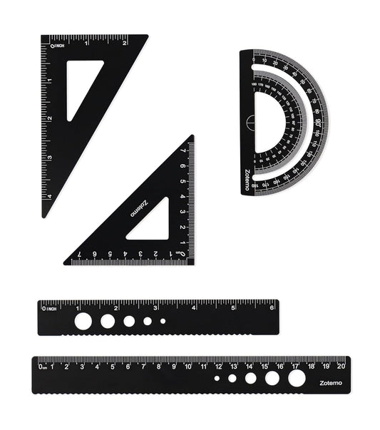 Metal Geometry Set, 5-Piece Aluminum Ruler, Math Drafting Ruler Kit Includes Protractor, Triangle Rulers, Straight Rulers-Math Measurement Tools for School and Office Supplies (Black)