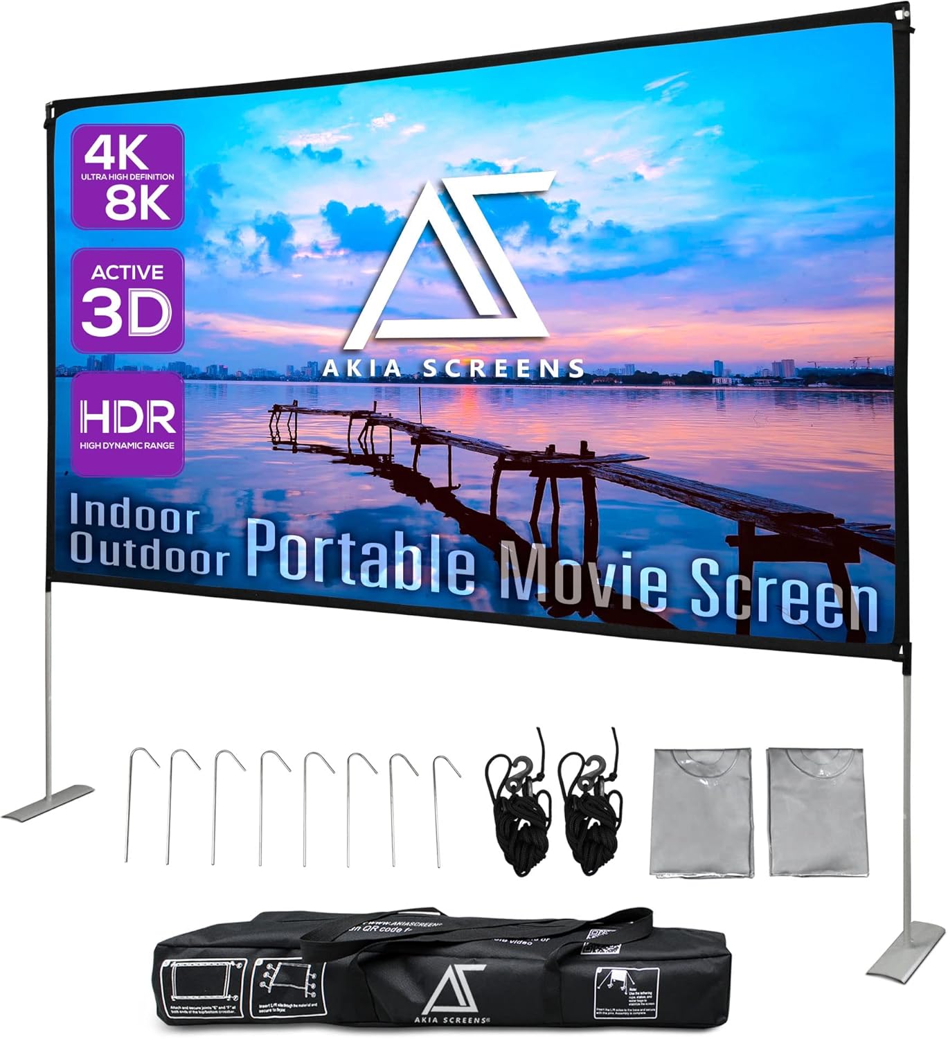 Akia Screens 125 inch Portable Projector Screen with Stand Upgraded and Carry Bag 16:9 HD Rear Front Projection Screen for Indoor Outdoor Home Theater Backyard Travel Foldable Movie Screen AK-OPS125H
