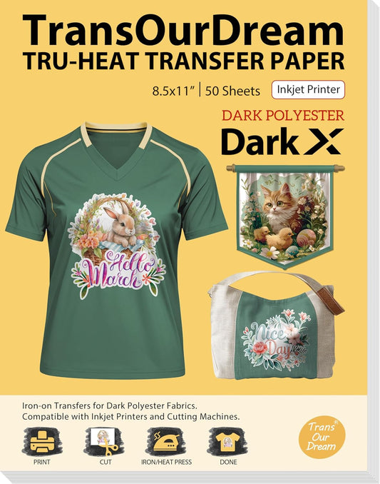 TransOurDream Tru-Heat Transfer Paper for Dark Polyester Fabrics (Dark X, 8.5"x11", 50 Sheets) Printable Iron on Heat Transfer Vinyl for Inkjet Printer