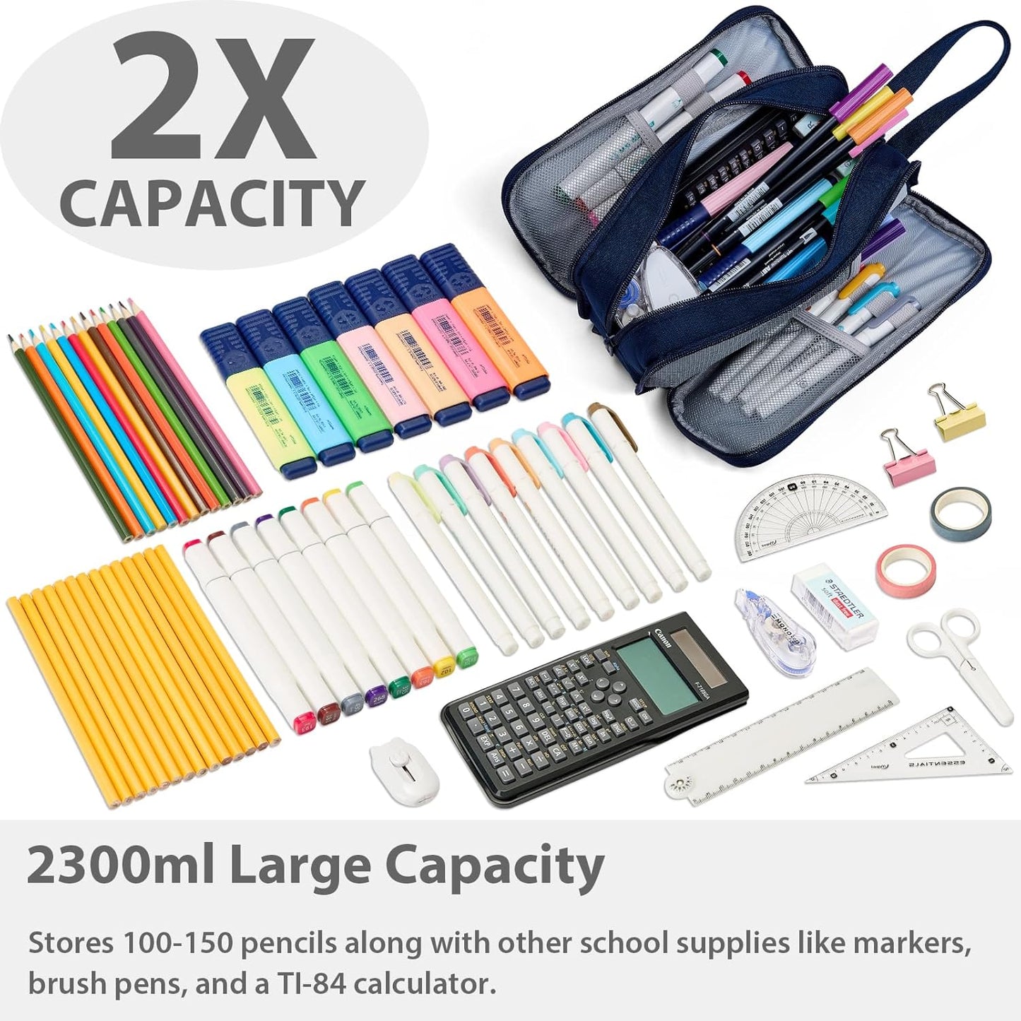 Pencil Case Pouch Box Bag School Supplies Girls Boys Kids, Cute Preppy Stuff Big Capacity Aesthetic Pen Organizer, Back to College Stationary, Navy Blue, Extra Large Style, 2300ml