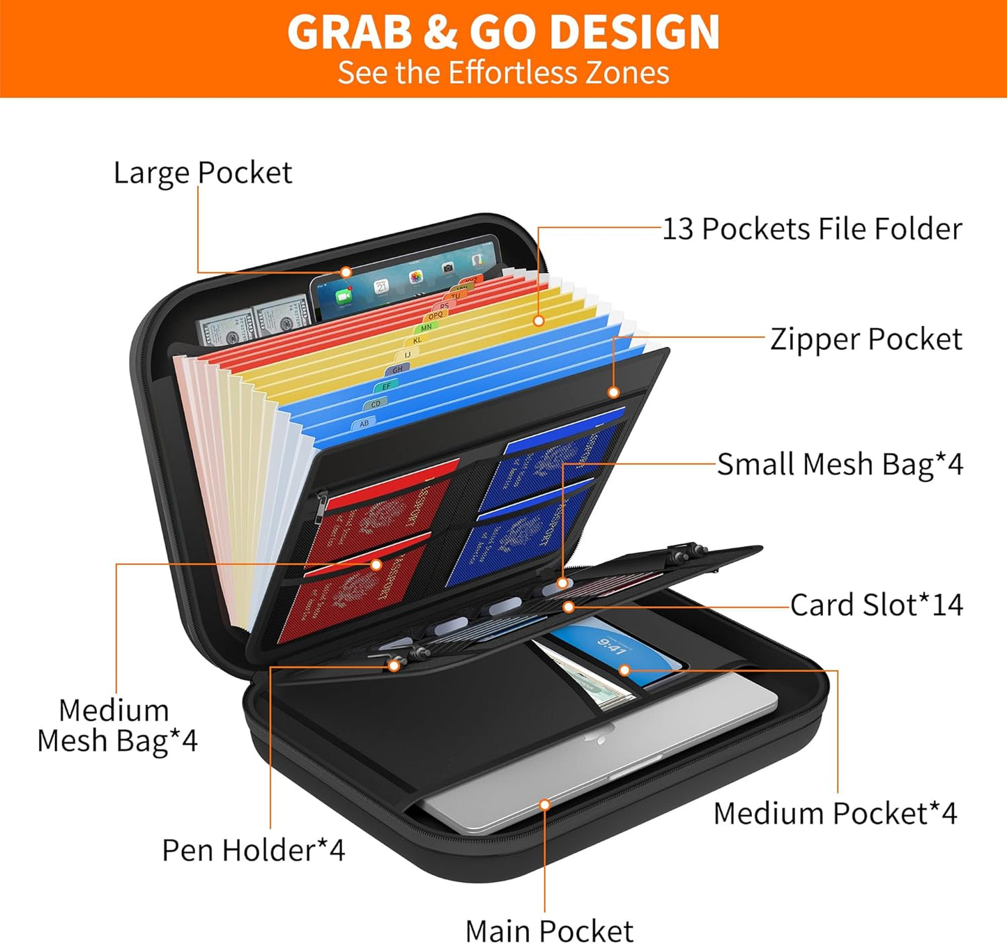 JUNDUN Fireproof Document Box with Lock & Shoulder Strap,Hard Shell Case Document Organizer with 13 Pockets Accordion File Organizer,Portable Home Office Travel Safe Storage for Files Laptop and More