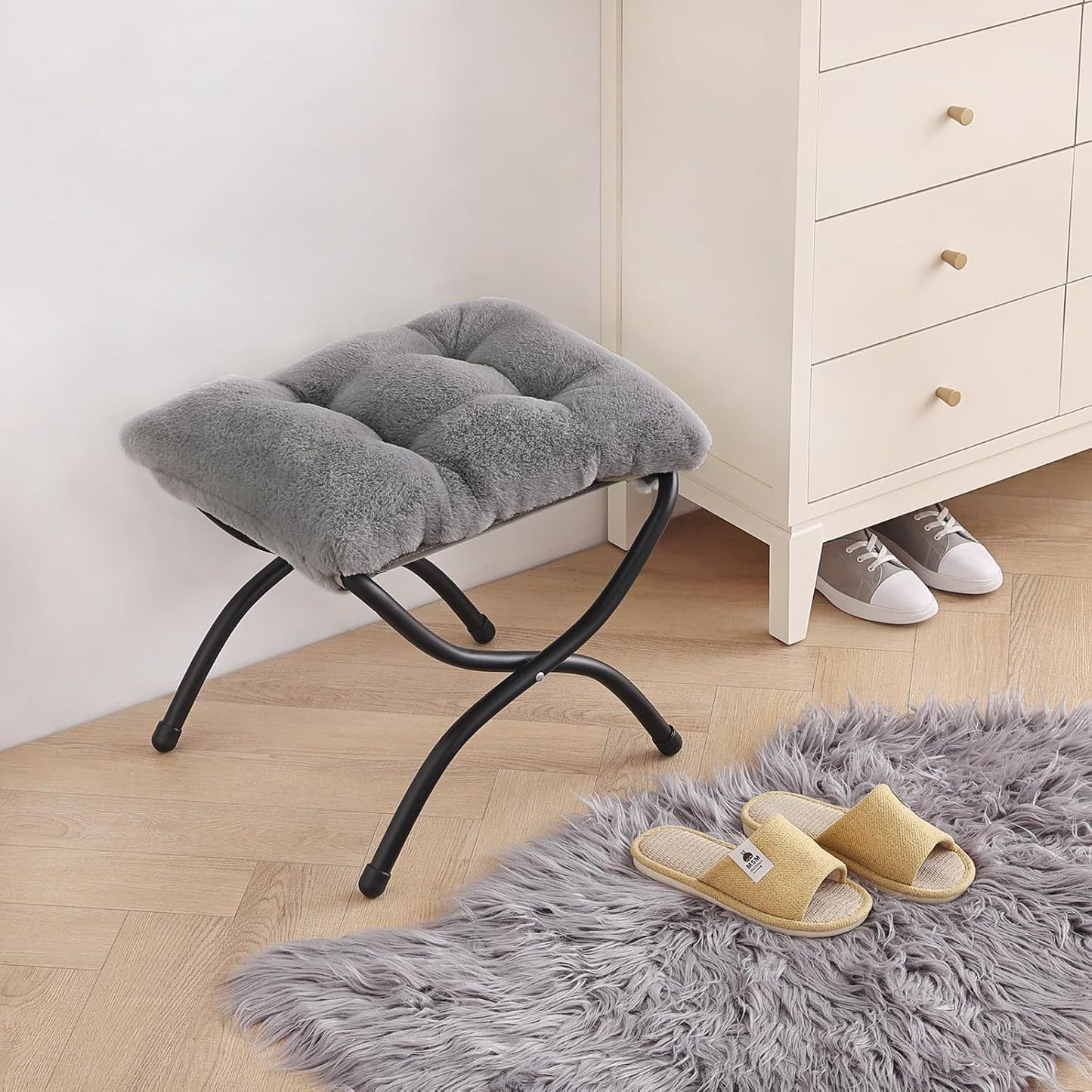 LITA Folding Upholstered Footrest Stool, Modern Small Portable Accent Ottoman with Detachable Thick Cotton Cushion Padded Sofa Stool with Metal Frame for Lazy Chair, Living Room & Bedroom, Plush Grey