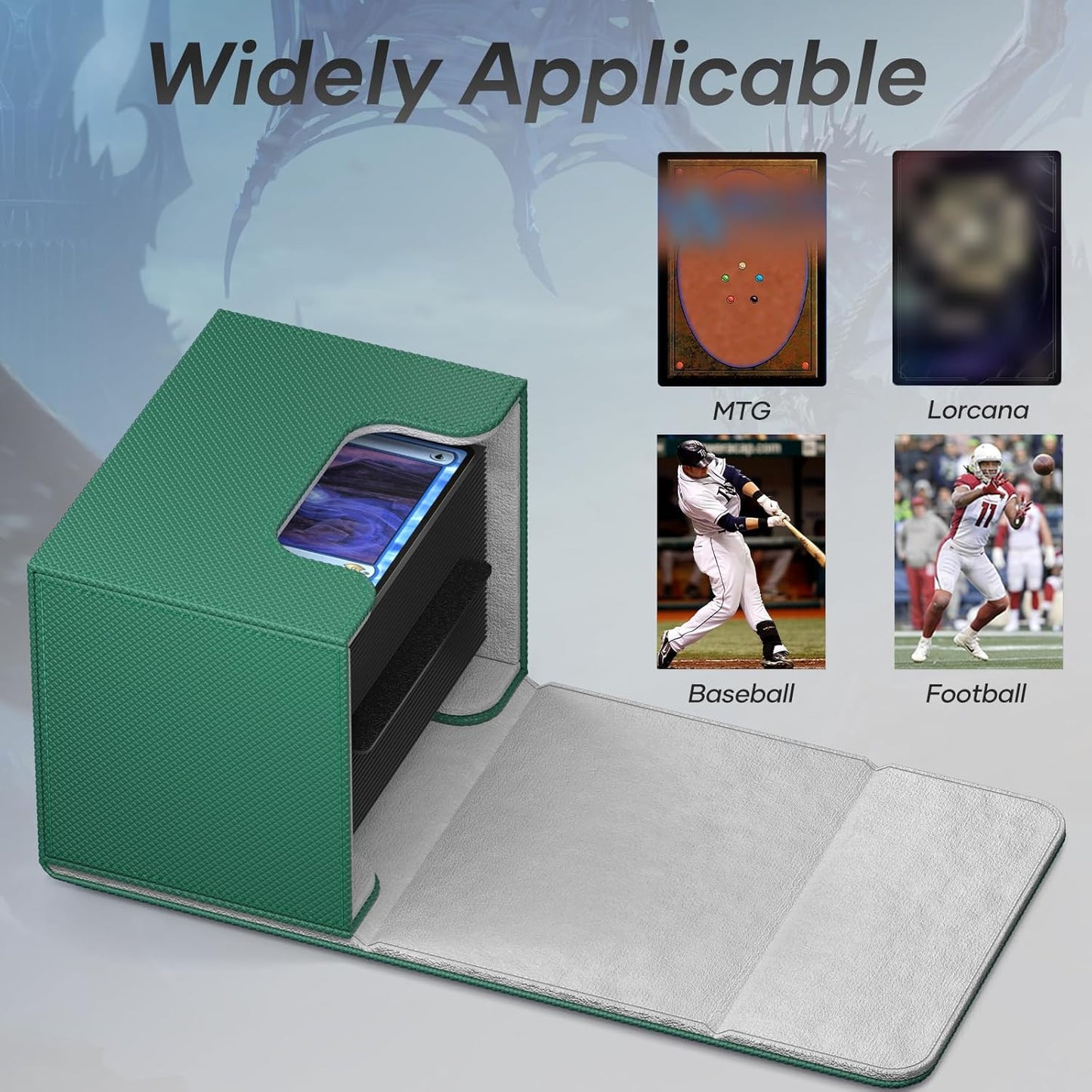 Mlikero Card Deck Box, Commander Deck Box Holds 100+ Double-Sleeved Cards with Divider, Leather Magnetic Closure Card Box Fit for MTG, TCG (Green)