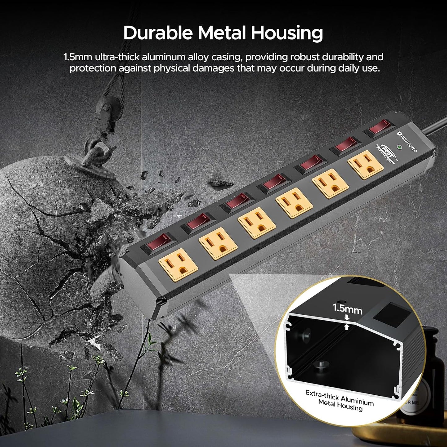 CRST 6 Outlet Metal Heavy Duty Power Strip with Individual Switches, 6FT Wall Mount Garage Power Strip, Surge Protector (1200 Joules), 15amp/1875W, 14AWG SJT Power Cord