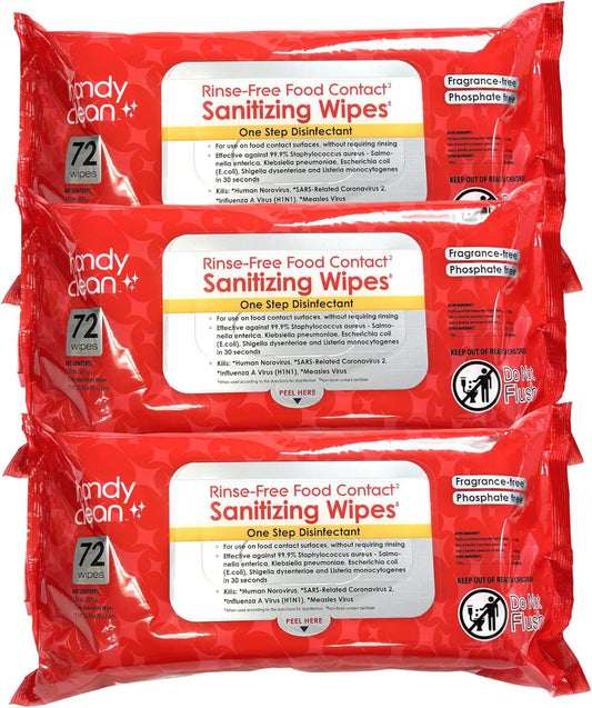 HandyClean Rinse-Free Food Contact Sanitizing Wipes Pouch, Multi Surface Cleaning Supplies for Kitchen and Professional Setting - 12 pack, 864 count