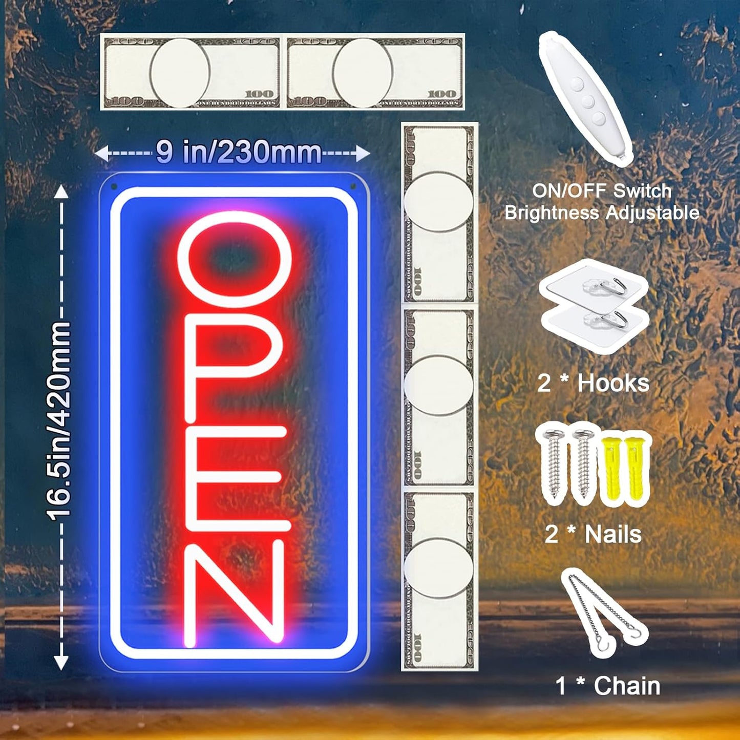Led Neon Open Signs for Business,16.5"X 9" Open Signs, Powered by USB with ON/OFF Switch, Adjustable Bright Led Neon Open Sign for Bar Salon Coffee Stores Club Hotel (Blue/Red-Vertical)