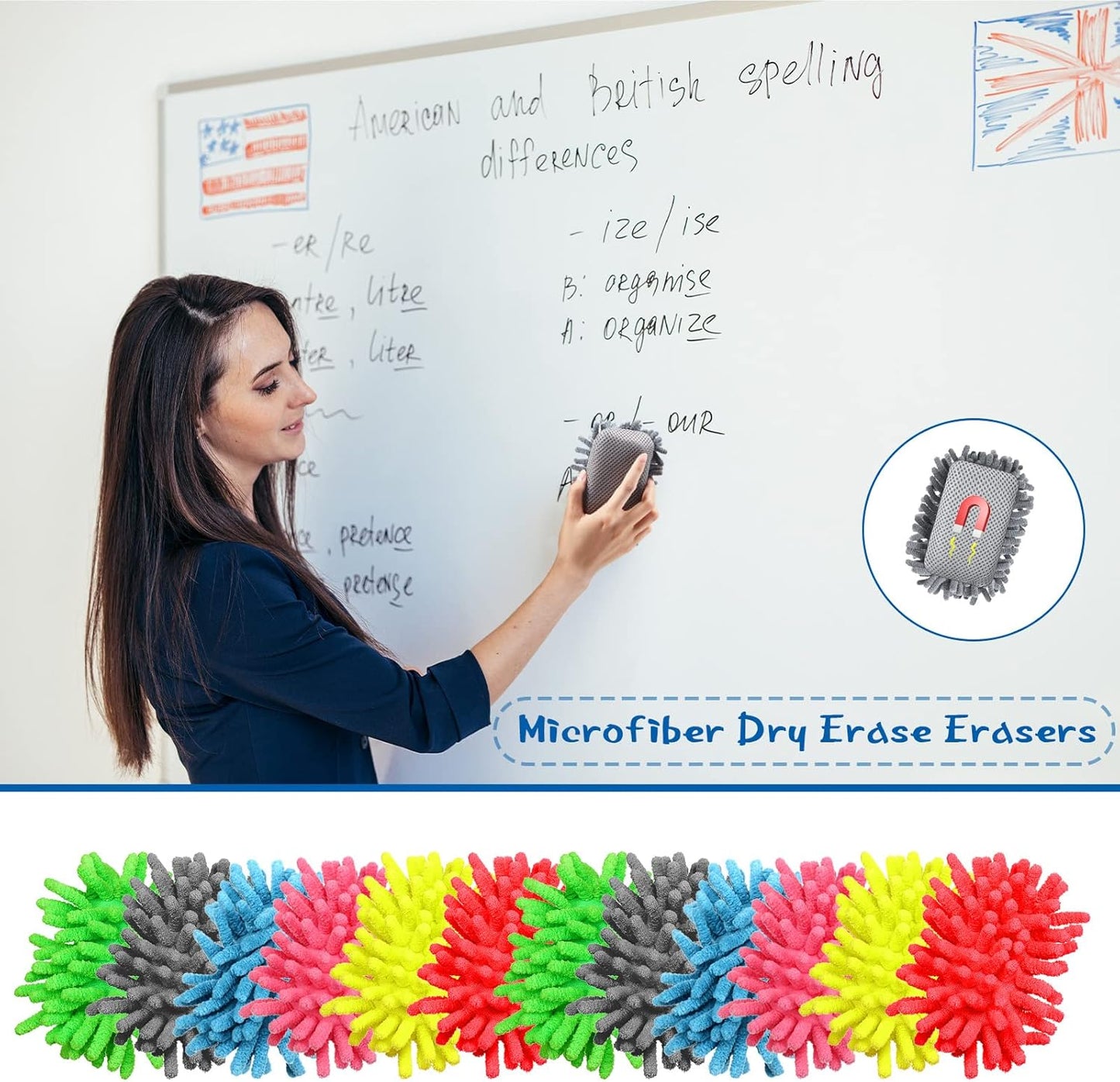 Epakh 12 Pieces Magnetic Microfiber Dry Eraser Microfiber Whiteboard Washable Shag Erase Board for Markers Chalk Home Classroom and Office(Grey, Neon Green, Neon Yellow, Red, Pink, Blue)