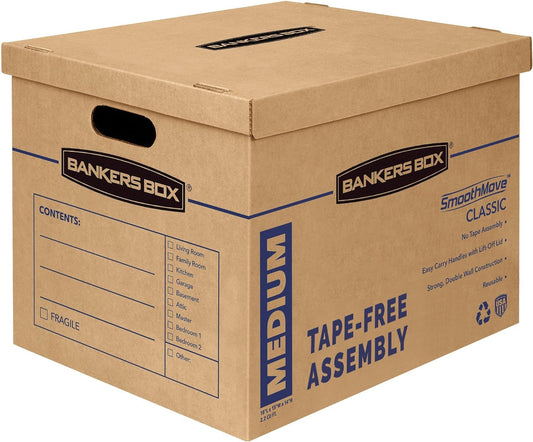 Bankers Box Medium Classic Moving Box 8 Pack, Reinforced Handles, Tape-Free Assembly, Box with Lid, 19-in x 14.5-in x 15.5-in (7717201)