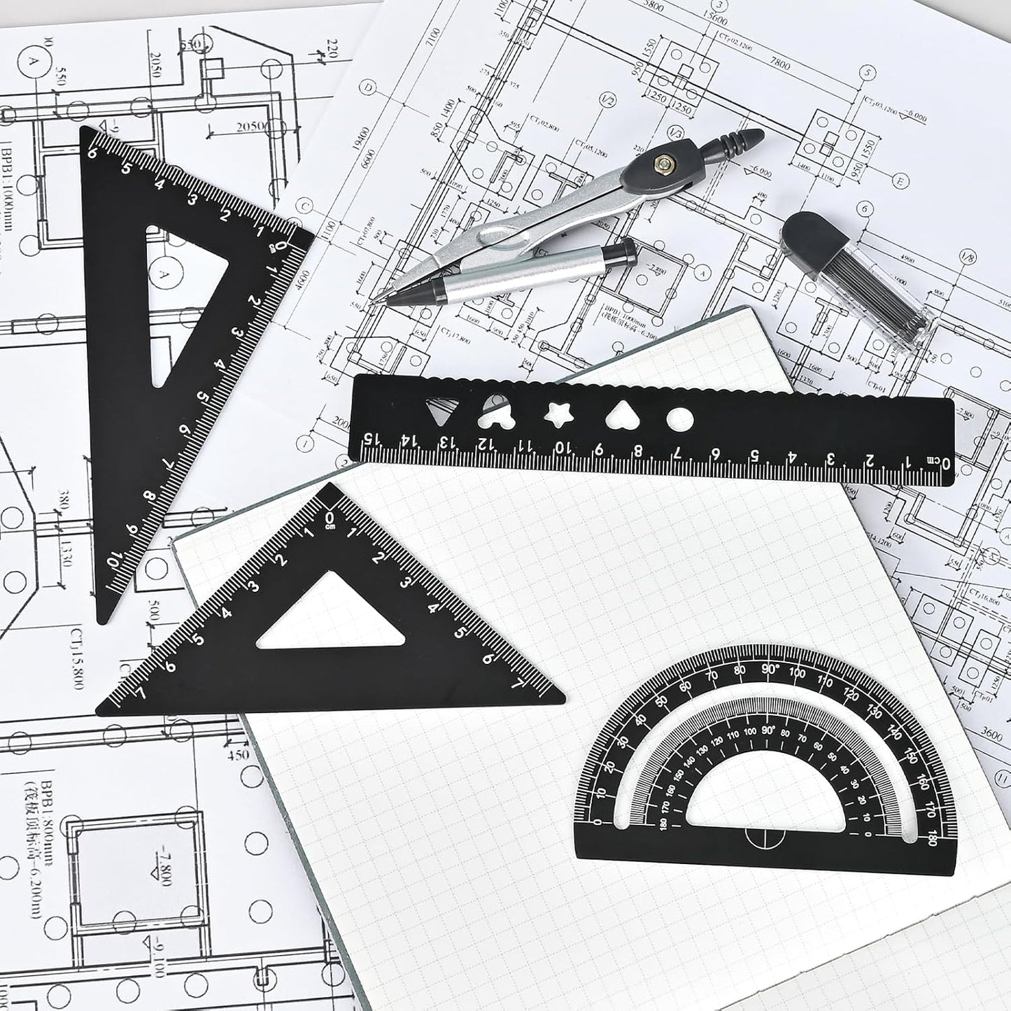 6 Pcs Metal Geometry Set, Math Geometry Kit, Metal Ruler Set and Compass Geometry Tool, Rulers Protractor and Compass Set for Student School and Drawings Supplies (Black)