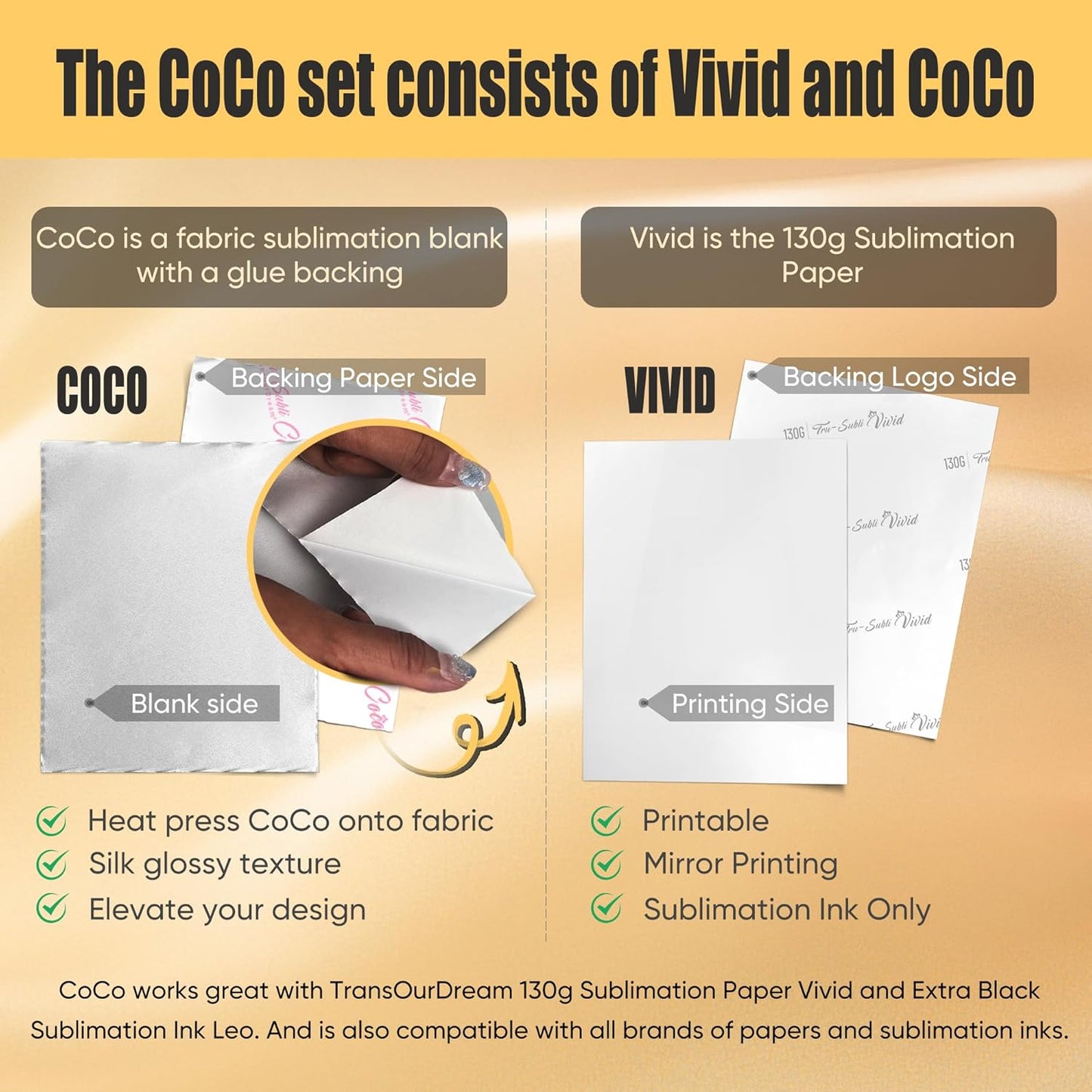 TransOurDream Tru-Sublimation Blanks CoCo Sets, Silky Fabric 10 Sheets for Cotton, Light/Dark Fabrics and Sublimation Paper 130g 30 Sheets 8.5x11’’