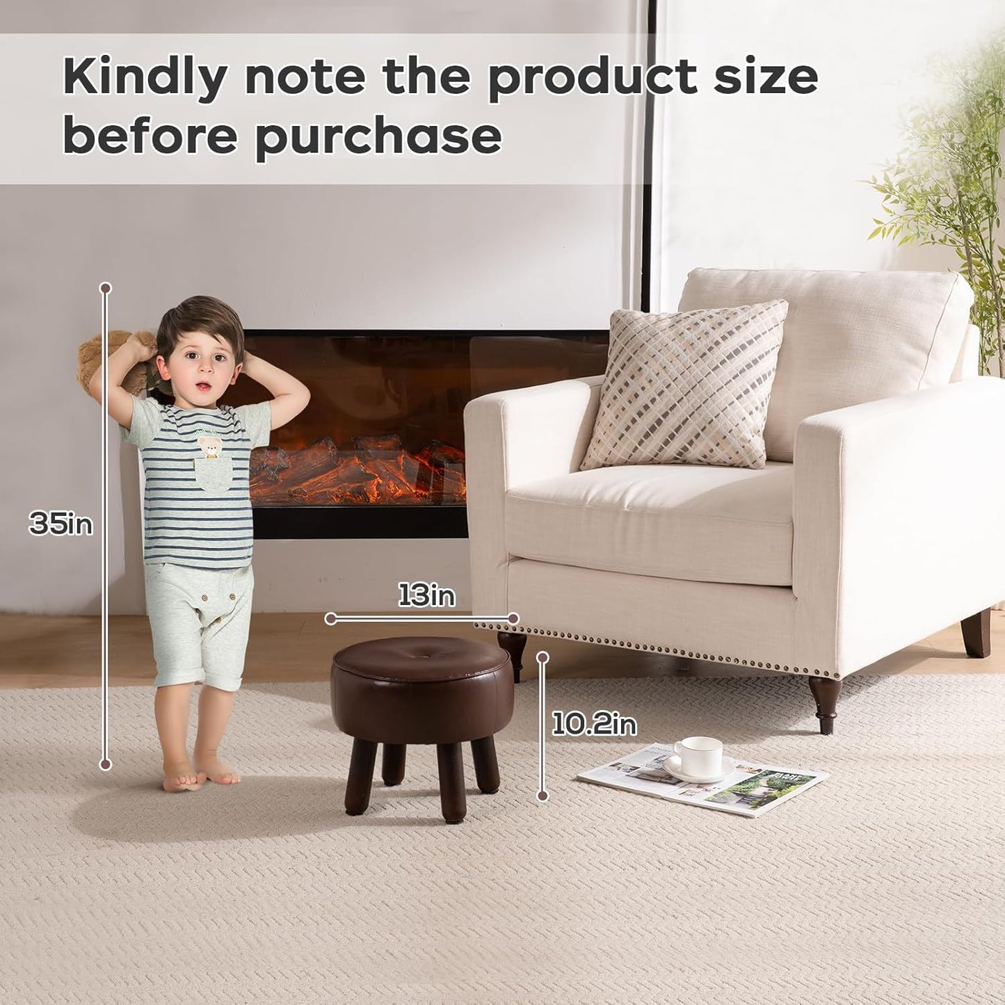 Small Foot Stool Ottoman, Round Pouf Foot Rest, Footstool Ottomans with Rubber Legs Under Desk, Faux Leather Footrest for Couch, Living Room, Bedroom, Office, 13''L x 13''W x 10.2''H, Coffee