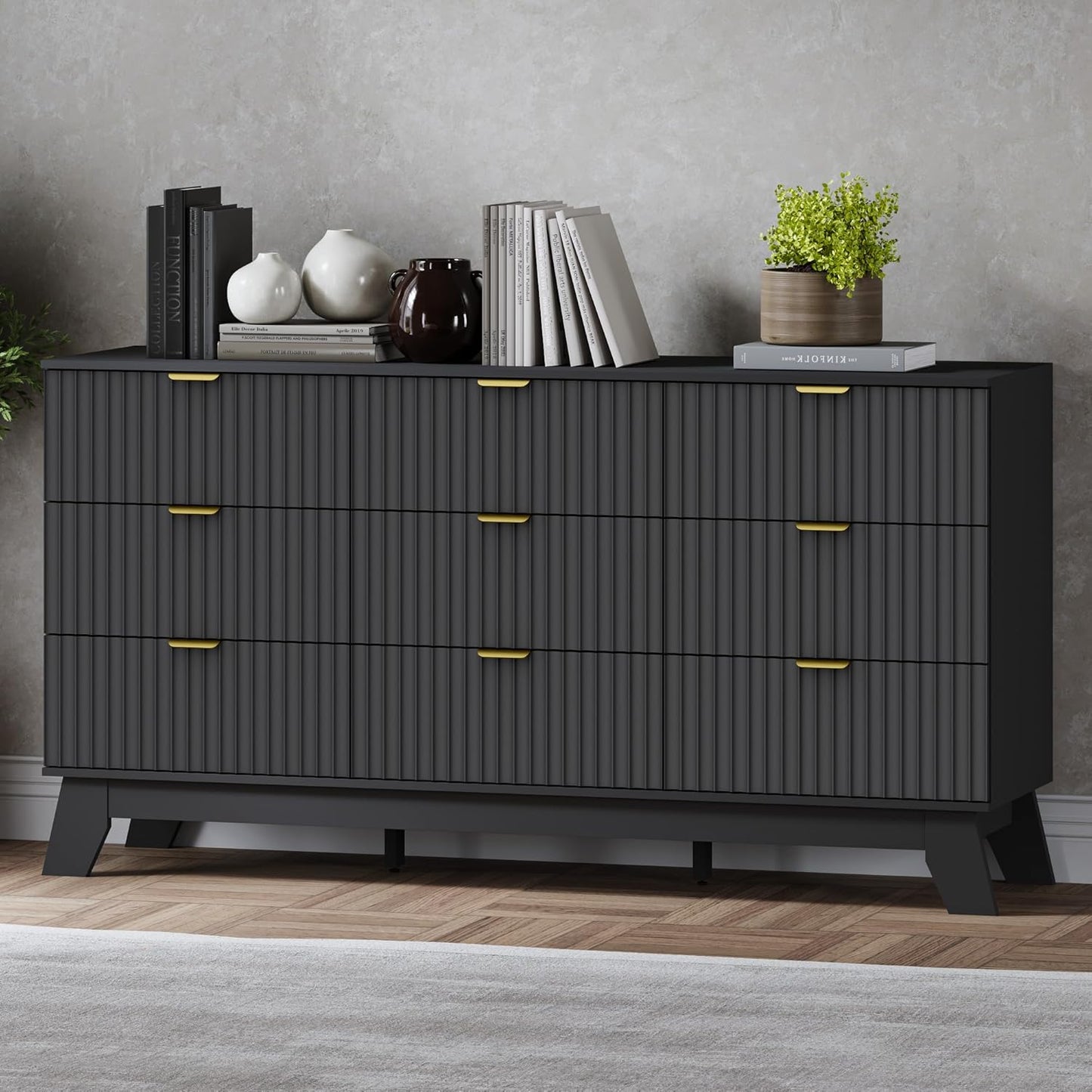 Fluted 9 Drawer Dresser, 57.1" Wide Modern Boho Chest of Drawers, Wooden Storage Dresser TV Stand for Bedroom, Living Room, Closet, Hallway, Curved Profile Design