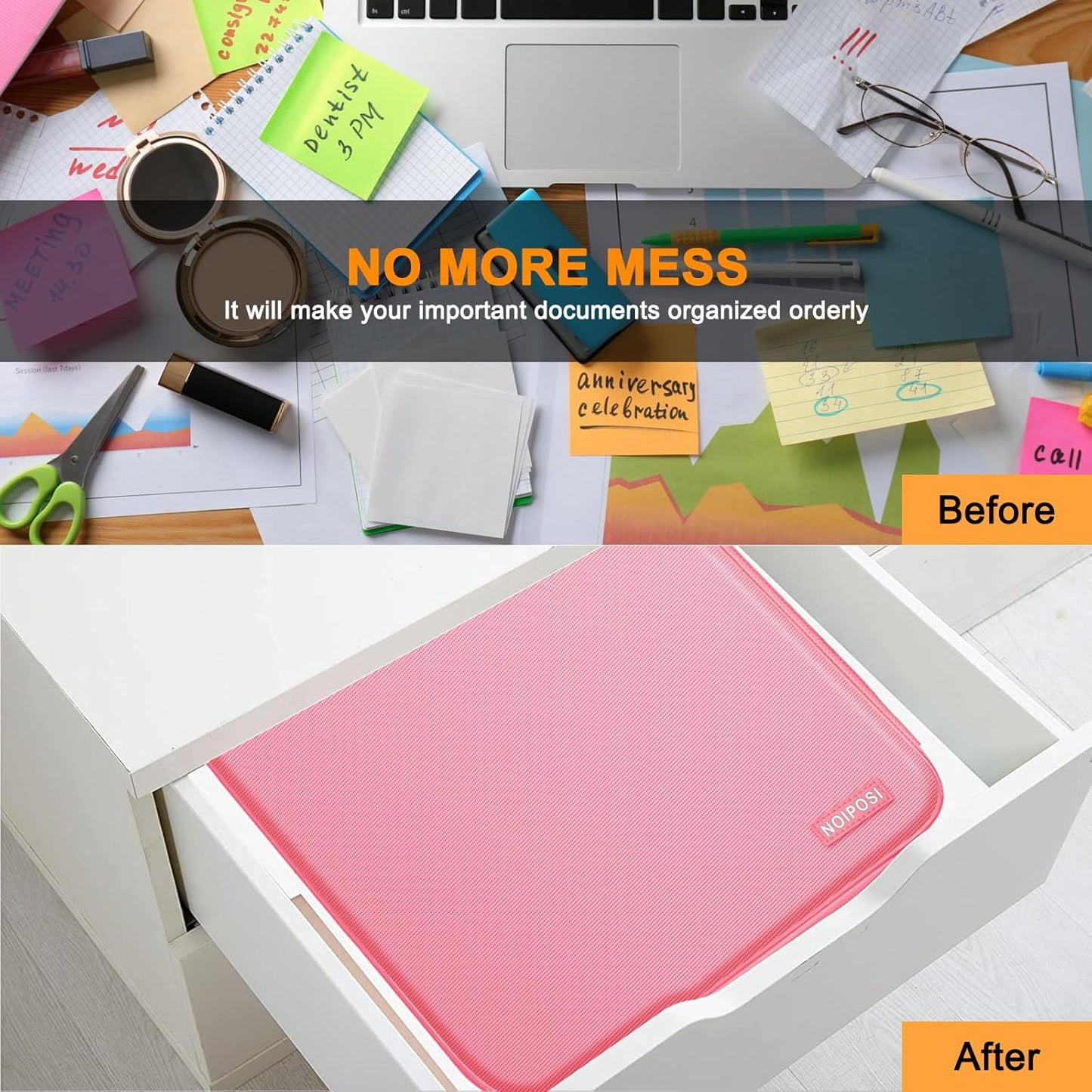 Noiposi Document Organizer with 5200℉ Heat Insulated,Waterproof and Fireproof Document Box,Portable Home Travel Safe Storage Box for Important Documents,File and Birth Certificate，Pink