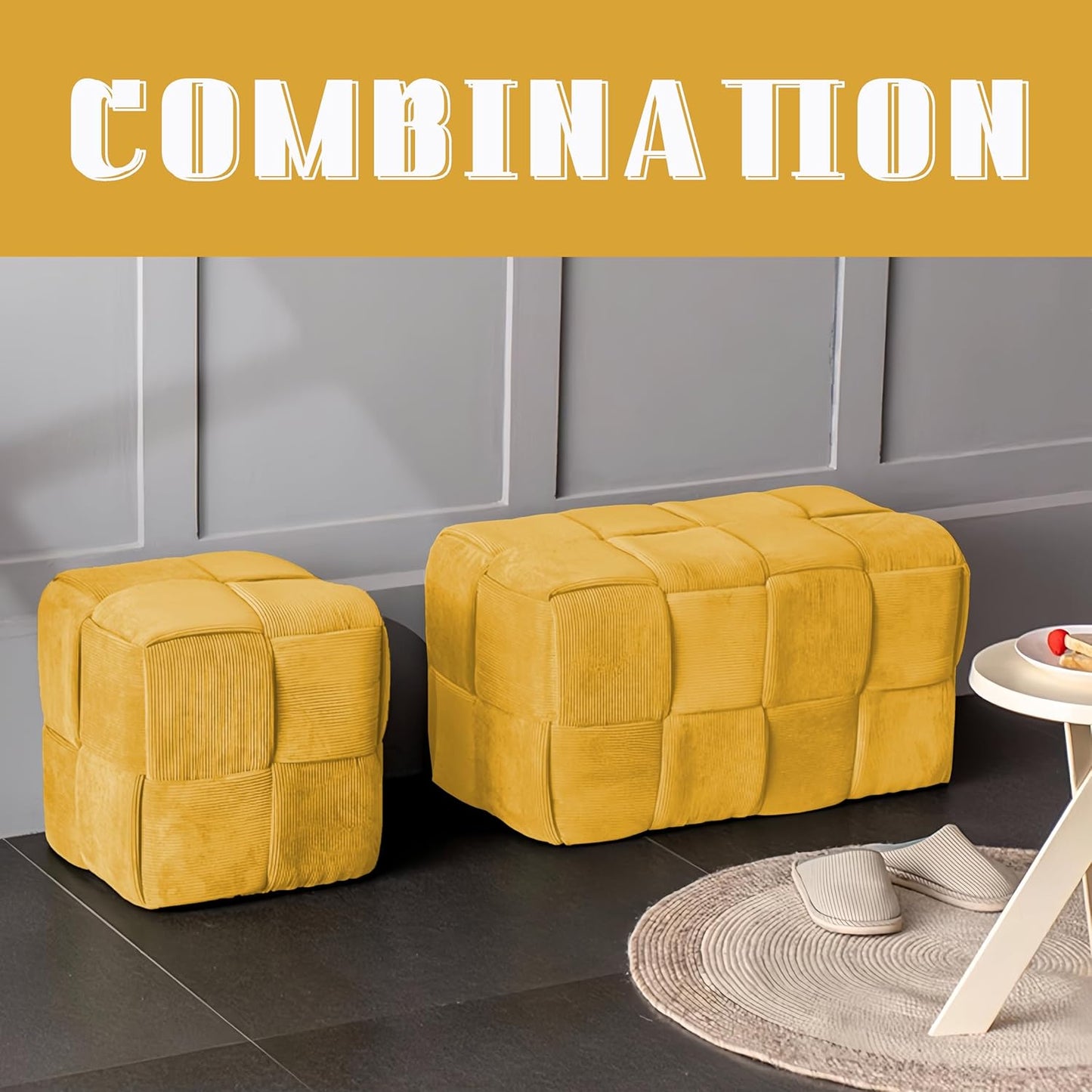 Ottoman Foot Rest Soft and Comfortable Ottoman Square Corduroy Woven Design Sofa Stool (Yellow-L)