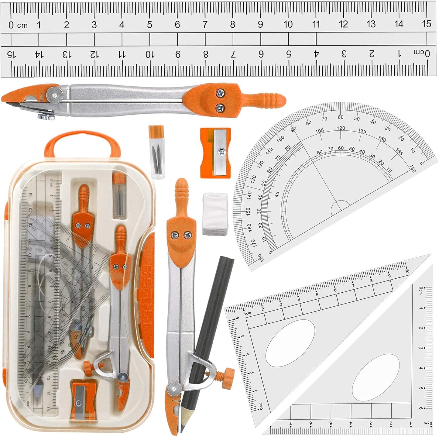 Maths Compasses for Geometry Student Drafting Compass Set Starter Kit with Protractor, Set Squares with Case for School Maths Study, Orange