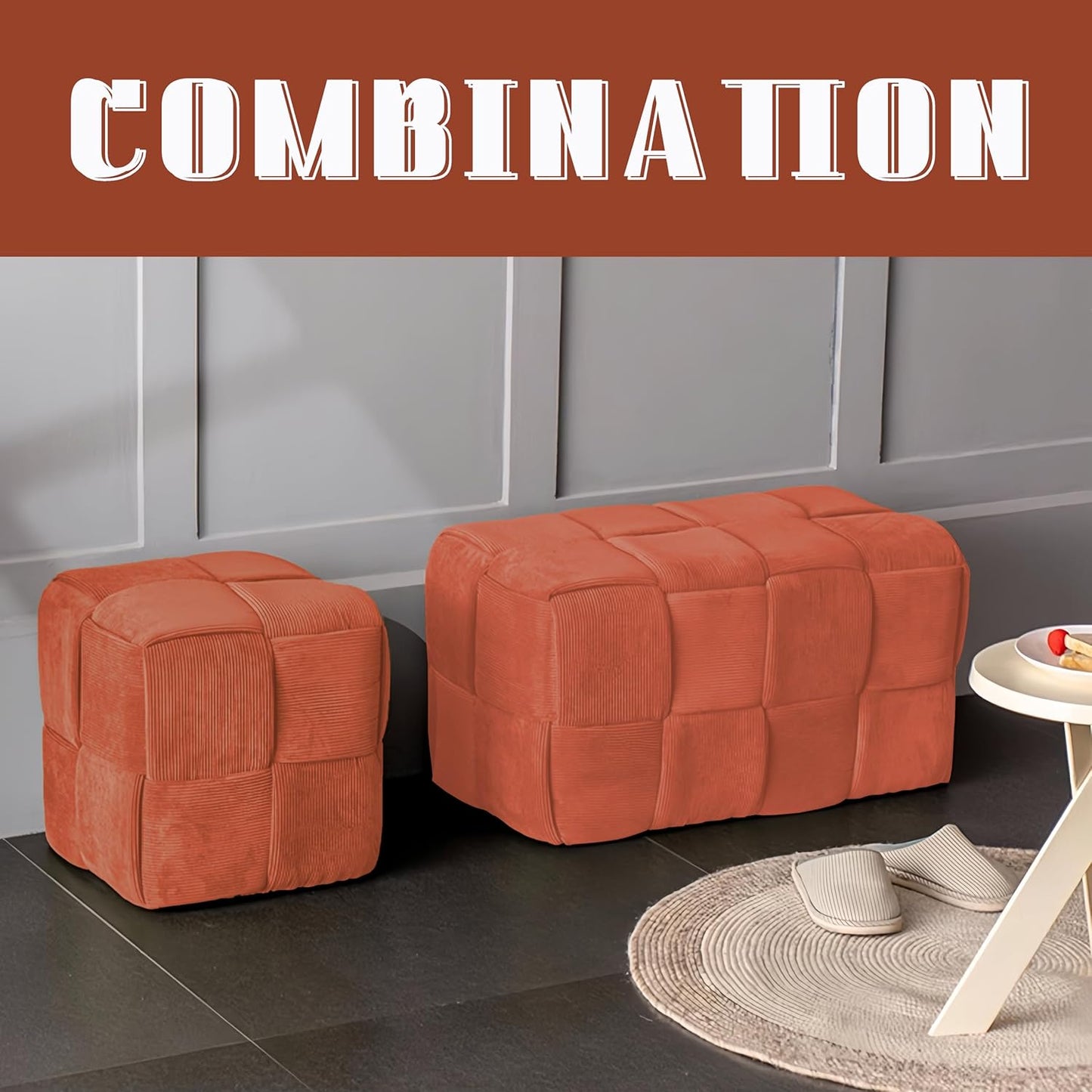 Ottoman Foot Rest Soft and Comfortable Ottoman Square Corduroy Woven Design Sofa Stool (Orange-L)