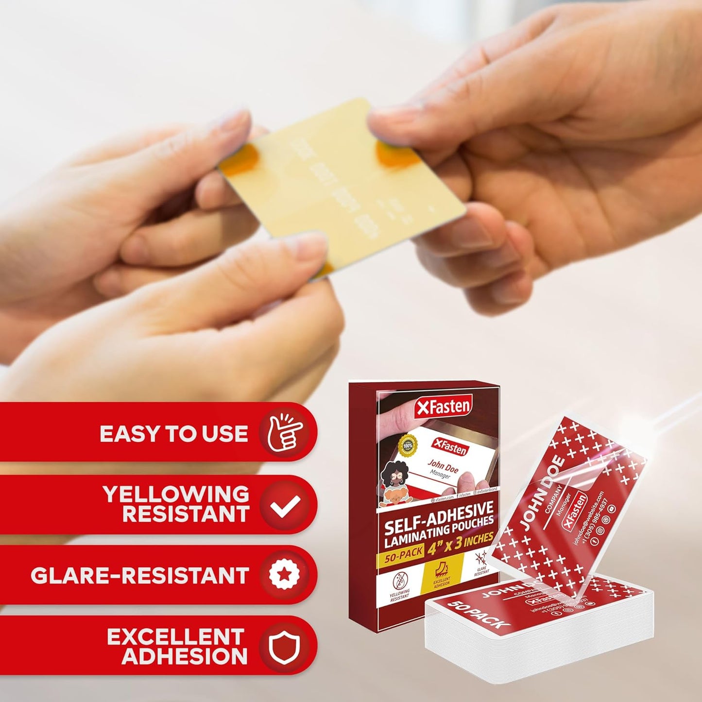 XFasten Self Sealing Laminating Pouches Business Card Size, 50-Pack, 10 Mil Non-Yellowing Business Card Laminating Pouches, Self-Adhesive Laminate Sheets, Durable, No Machine Needed, 4 in x 3 in