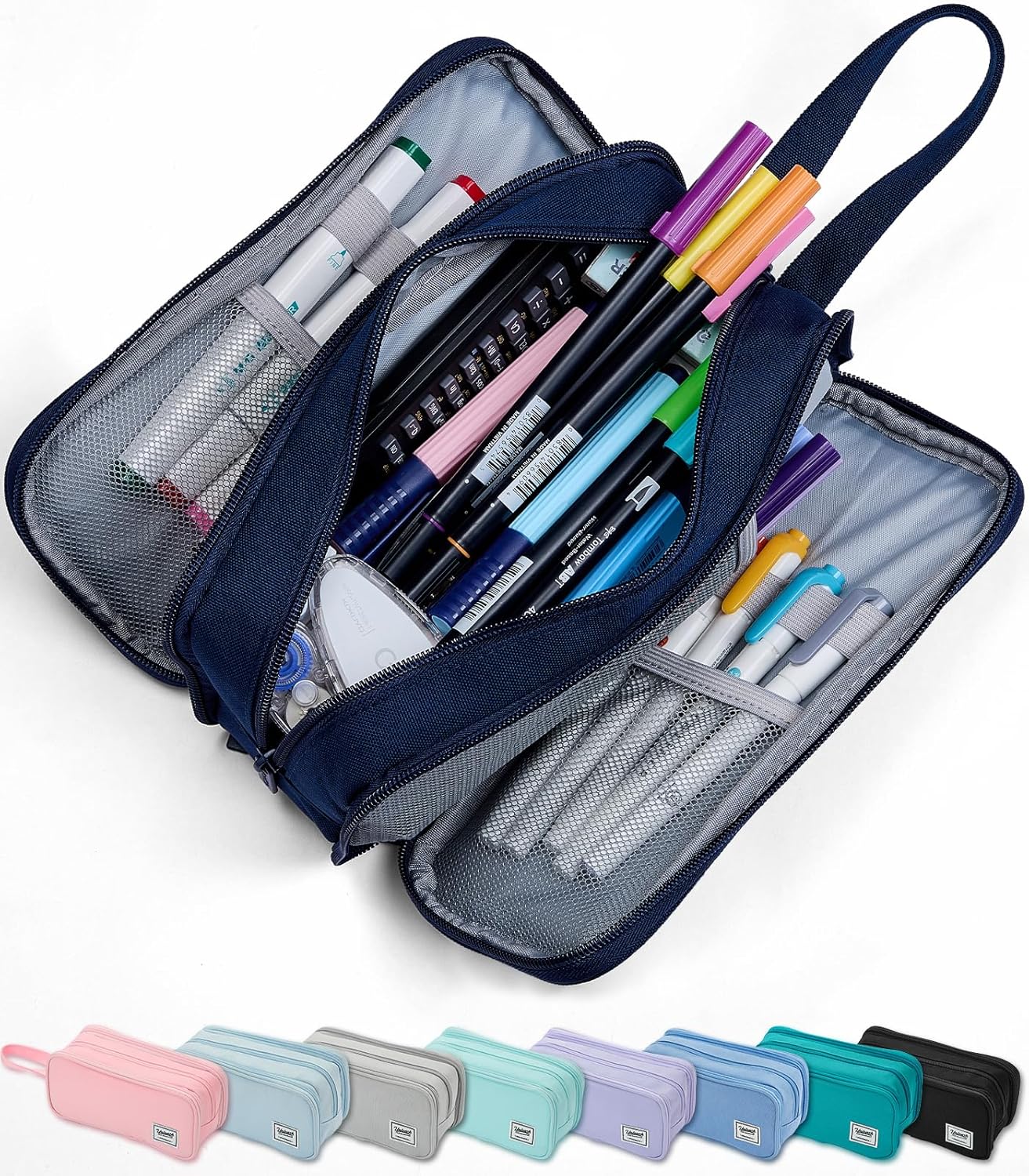 Pencil Case Pouch Box Bag School Supplies Girls Boys Kids, Cute Preppy Stuff Big Capacity Aesthetic Pen Organizer, Back to College Stationary, Navy Blue, Extra Large Style, 2300ml