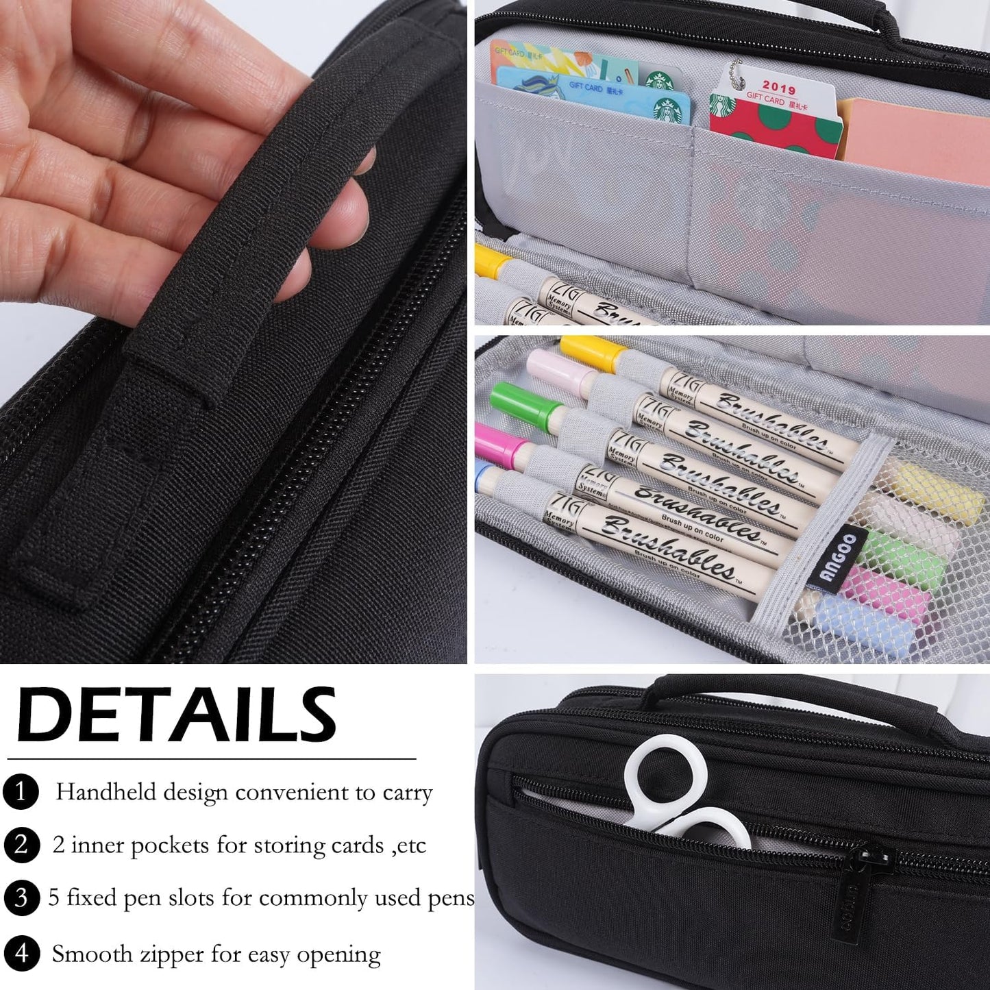 MAMUNU Pencil Case Large Capacity with 3 Compartments, Pencil Case Pouch Bag with Zipper Handle Portable Pen Stationery Organizer for Teen Girls Boys Adults College School Office Travel, Black