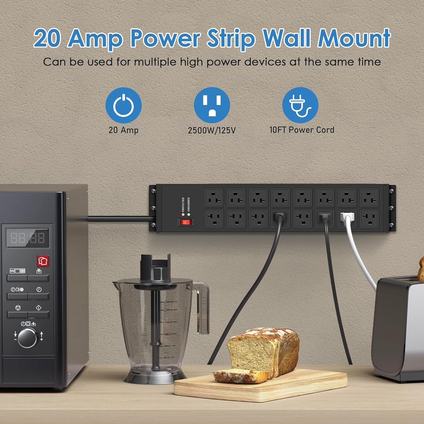 JUNNUJ Heavy Duty 20 Amp Power Strip 4800J, 16 Outlets 12 Gauge Garage Industrial Surge Protector, High Amp 5-15P Adapter Shop 6-20R T-Slot Metal Outlet, 10 FT Extension Cord Commercial for Appliance