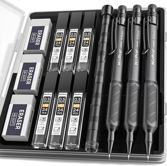 Nicpro HD1000 0.5 mm Art Mechanical Pencil Set in Case, 3 PCS Weatherproof Mechanical Pencils with 6 Tube HB Refills, Eraser, Weatherproof Barrel for Outdoor Writing Marking Drafting Drawing Sketching