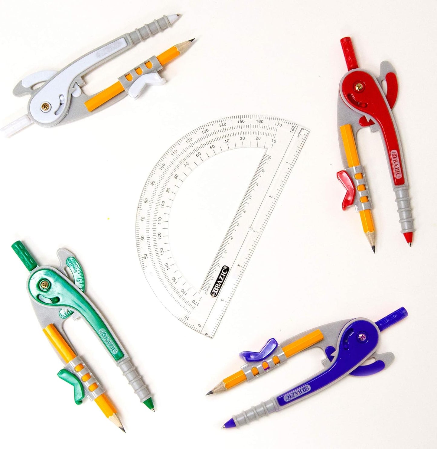 BAZIC Geometry Math Compass Set w/Scale-Arm, 6" Protractor, & HB Wood Pencil, Inch Centimeter, Mathematical Drafting Drawing Tool for Student, 4-Pack
