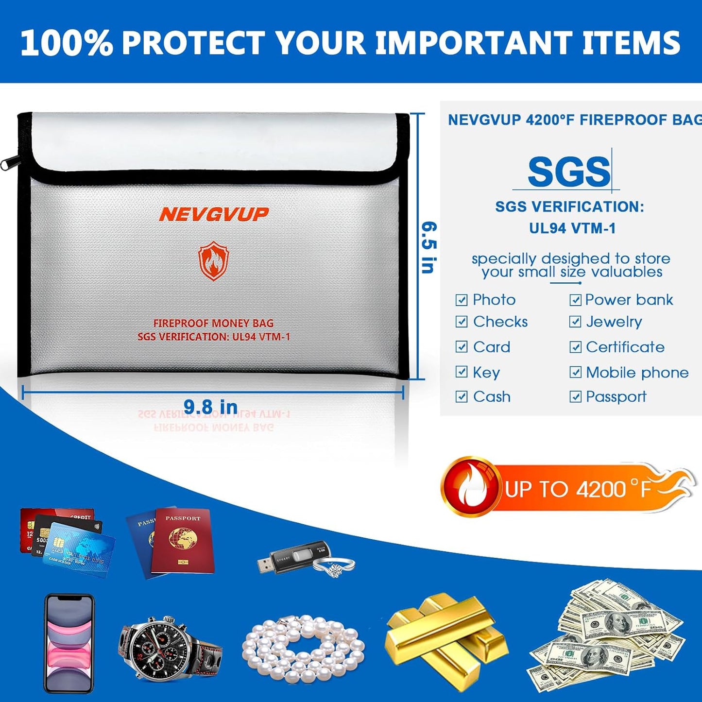 4200°F Fireproof Money Bag for Cash -Heat Insulated, 9.8 x 6.5" Fireproof Document Bag with Waterproof Zipper, Small Fire proof Bags Set with Reflective Strip and Fire proof Edging for Valuables