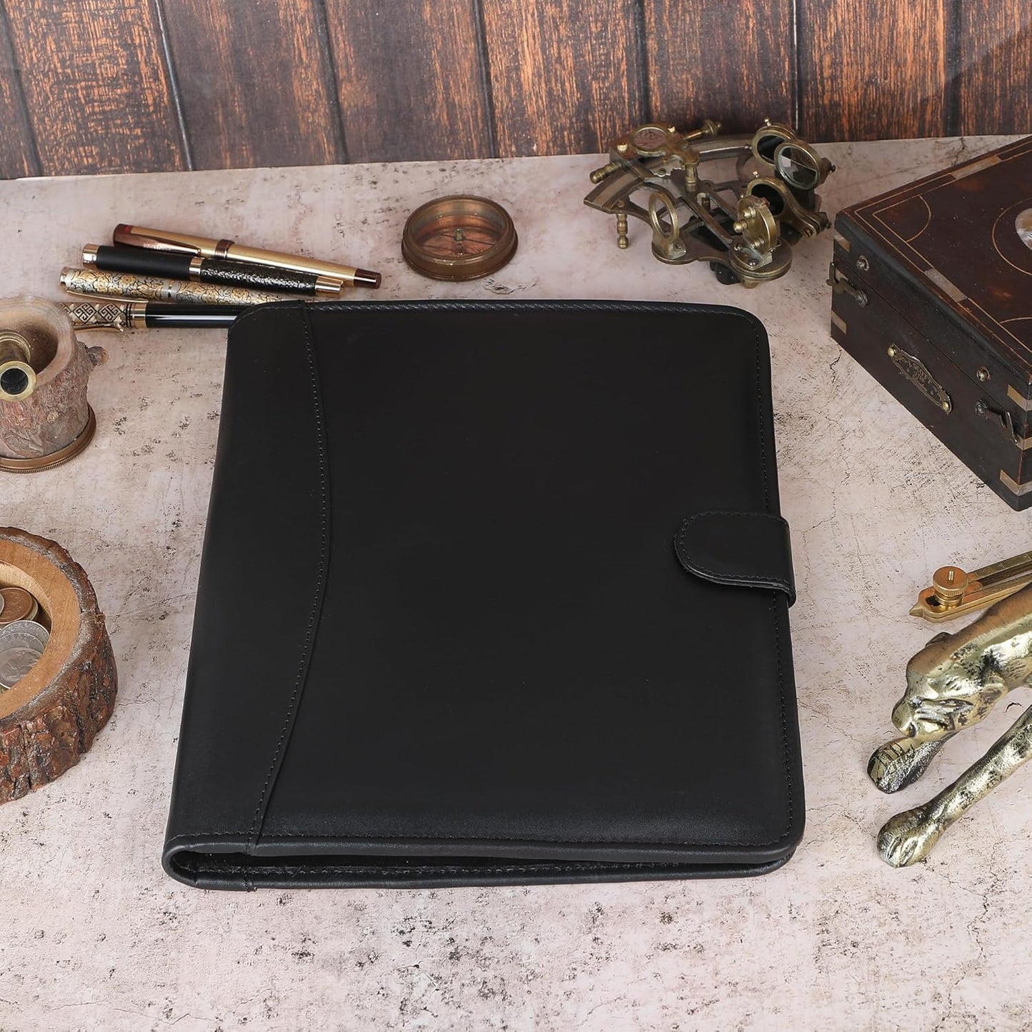 Leather Padfolio Legal Pad Portfolio Organizer | Handmade Executive Notebook Binder | Heavy Duty Full Grain Cow Hide Resume Interview Folio for Men Women, Rustic NoteBook Folder (Black)