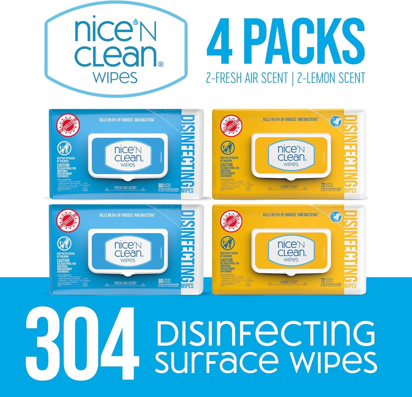Nice 'N Clean Disinfecting Surface Wipes 304ct | Cleans & Disinfects Home & Kitchen Surfaces | Fresh & Lemon Scent