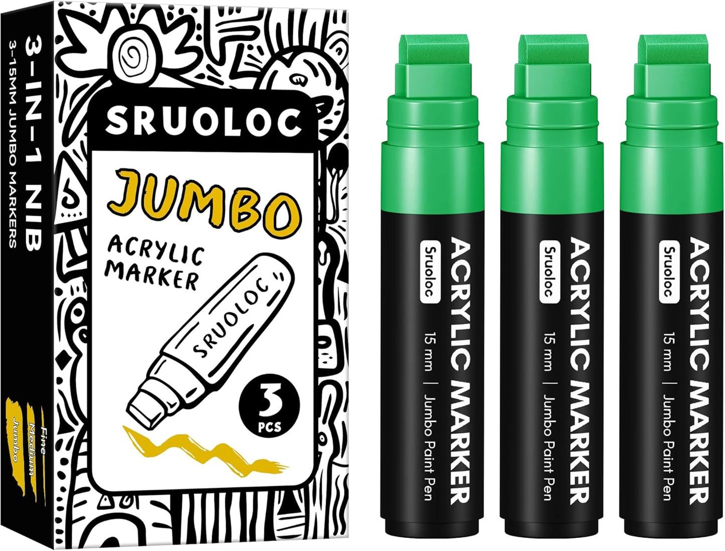 3 Jumbo Permanent Markers Green, 15mm Thick Wide Tip, Large Acrylic Paint Markers for Rock Painting, Poster, Graffiti, Stone, Ceramic, Glass, Wood, Canvas