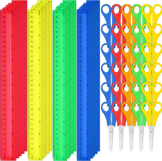 PerKoop 200 Pcs School Supplies with 100 Pcs Safety Blunt Tip Student Scissors 100 Pcs 12 Inch Plastic Rulers Back to School Supply Kit for Operation Christmas Charity Donation Supplies (Vivid Color)
