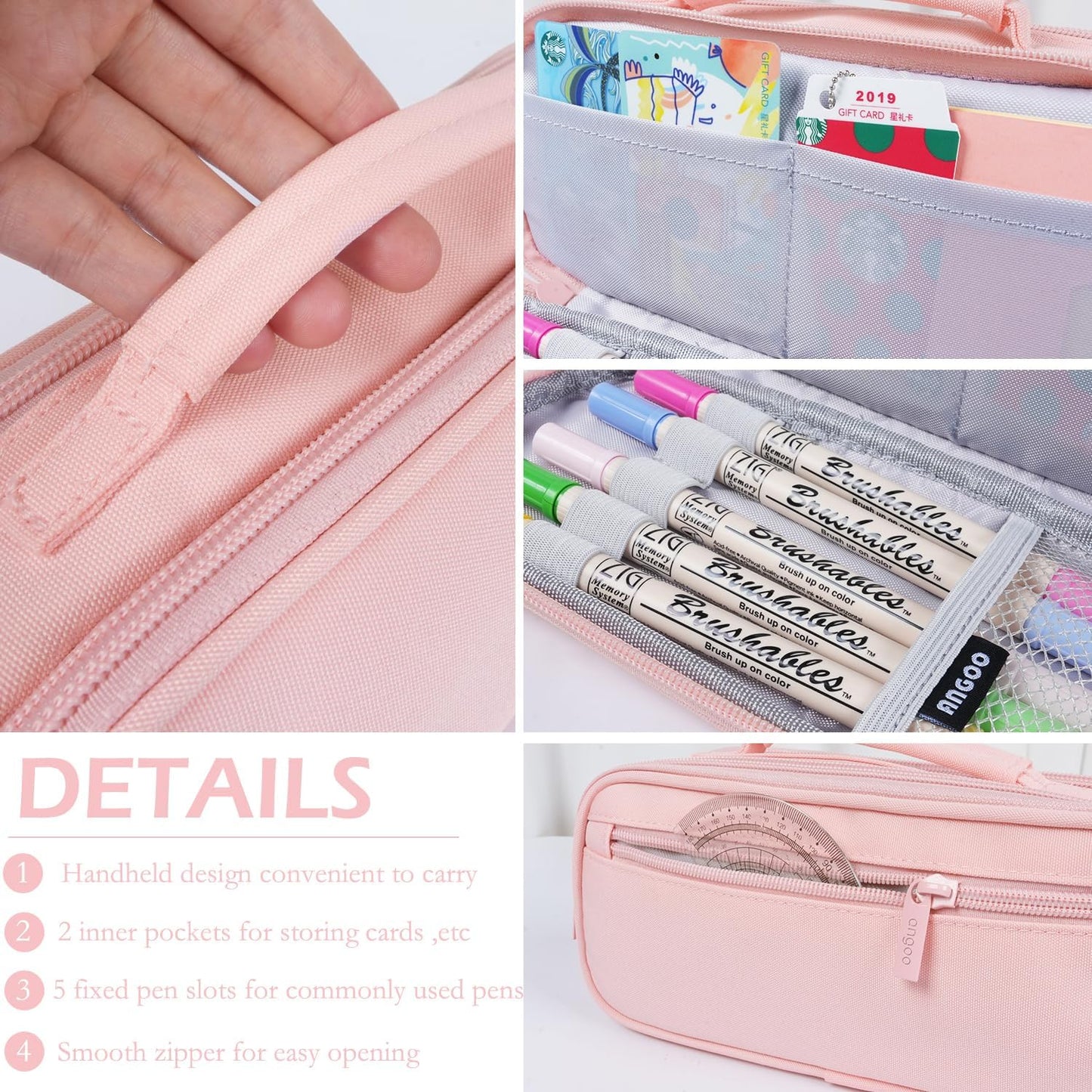 MAMUNU Pencil Case Large Capacity with 3 Compartments, Pencil Case Pouch Bag with Zipper Handle Portable Pen Stationery Organizer for Teen Girls Adults College School Office Travel, Pink