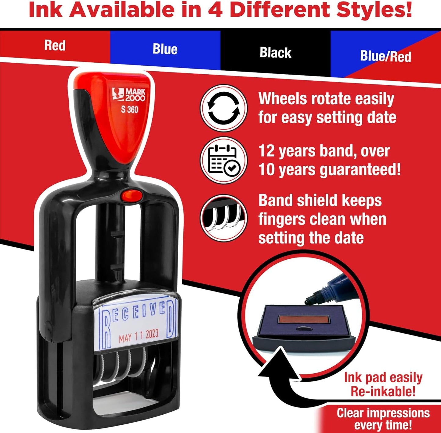 Self-Inking Rubber Date Office Stamp with Paid Phrase - Blue Ink & Date Red Ink - 12-Year Band