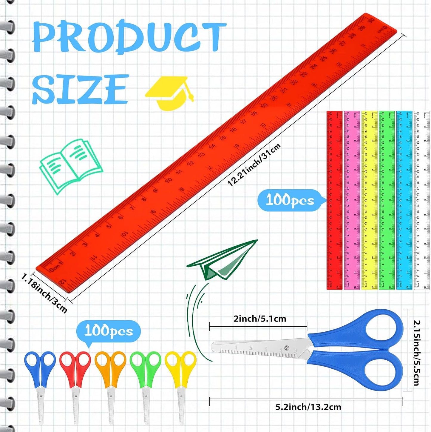 PerKoop 200 Pcs School Supplies with 100 Pcs Safety Blunt Tip Student Scissors 100 Pcs 12 Inch Plastic Rulers Back to School Supply Kit for Operation Christmas Charity Donation Supplies (Cute Color)