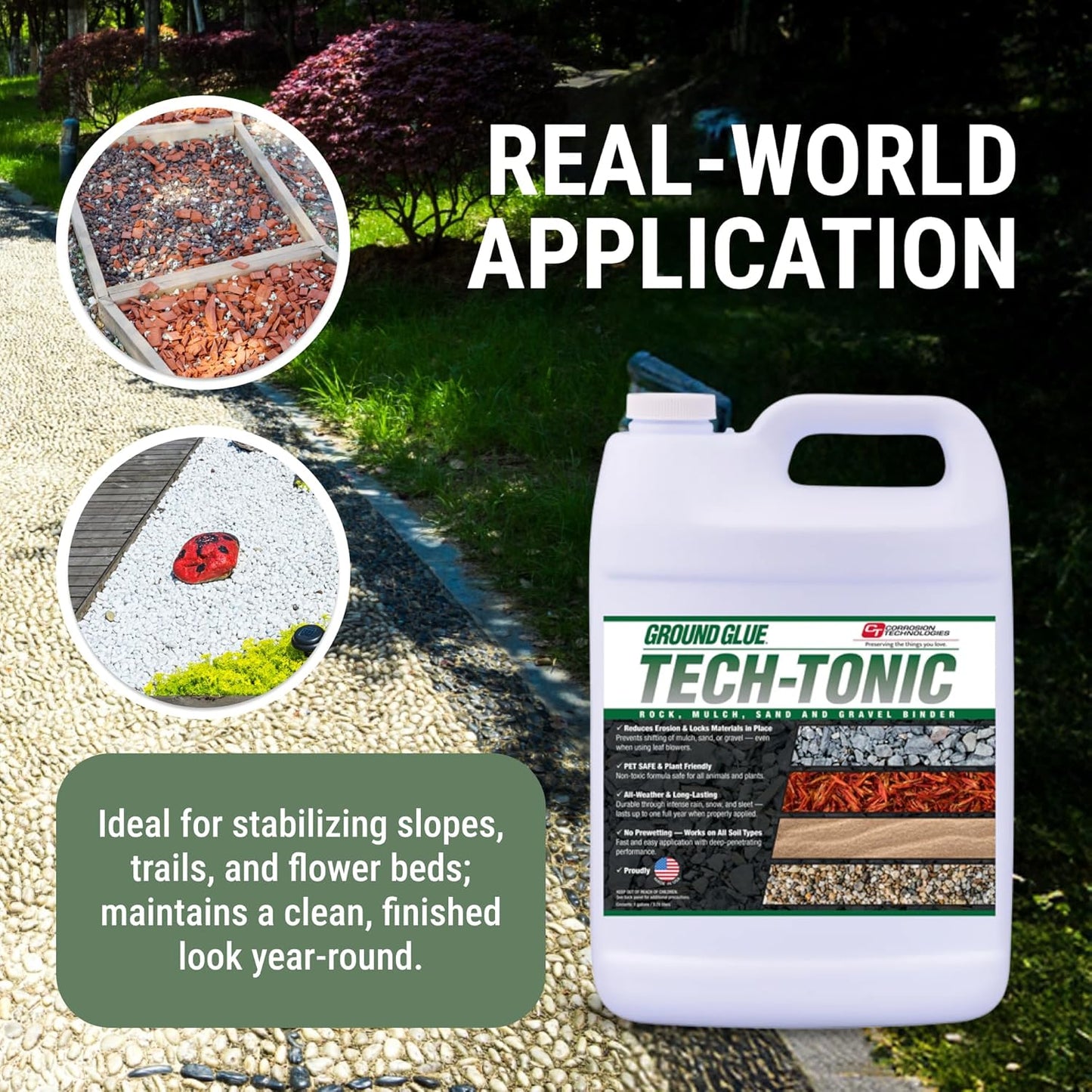 Ground Glue Tech-Tonic Landscape Adhesive for Rock, Mulch, and Sand, Weatherproof Long-Lasting Stabilizer for Trails & Slopes, Pet-Safe Binder for Pea Gravel, Bark & Flower Beds, Made in USA, 1 Gallon