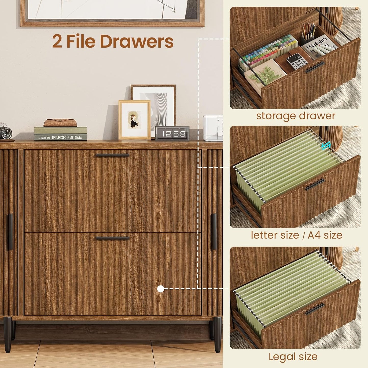 SEDETA 2 Drawer File Cabinet, 39.4" Filing Cabinet for Home Office, fit Legal/Letter/A4 Size, Light Luxury Fluted Filing Cabinets with 2 Sliding Door Storage, Printer Stand, Brown