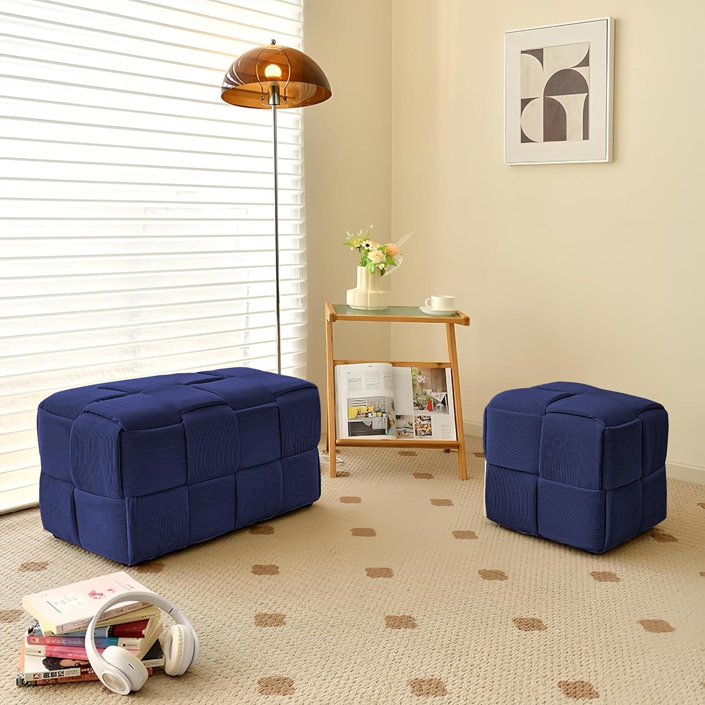 Ottoman Foot Rest Soft and Comfortable Ottoman Square Corduroy Woven Design Sofa Stool (Blue-L)