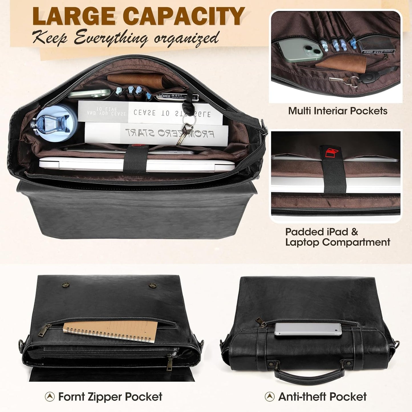 RAINSMORE Mens Messenger Bag 18 Inch Waterproof Vintage Leather Laptop Briefcase Large Laptop Bag Satchel Bag Computer Shoulder Bag for Office Business Travel College,Black