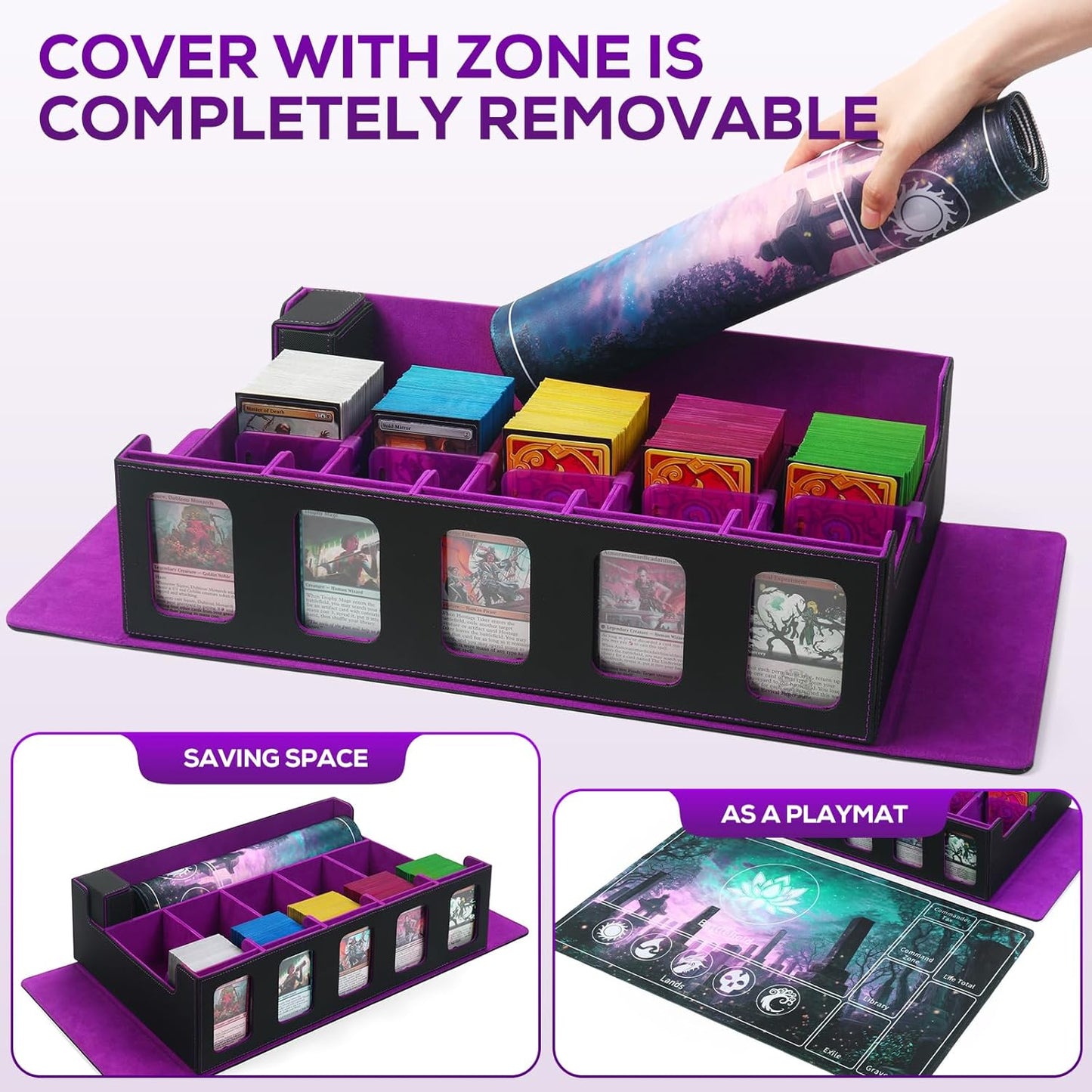 Trading Card Storage Box for MTG, card storage box with Commander Display，Multi-purpose Deck Case for MTG TCG Sports Card, 4 Toploaders, 4 Stoppers, 4 Colorful Dividers (Black& Purple, 5-Row)