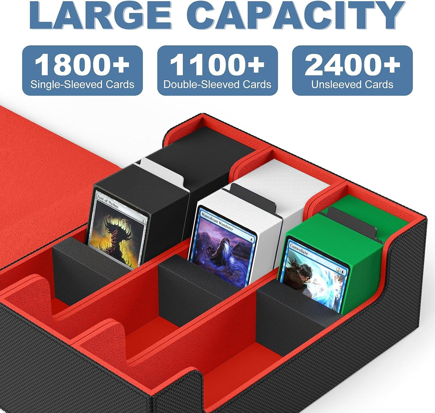 Mlikero Card Deck Case, 1800+ Trading Card Storage Box with 10 Dividers and 3 Foam Stoppers, Leather Magnetic Closure Commander Deck Box Fit for YuGiOh, MTG and Sport Cards(Black&Red)