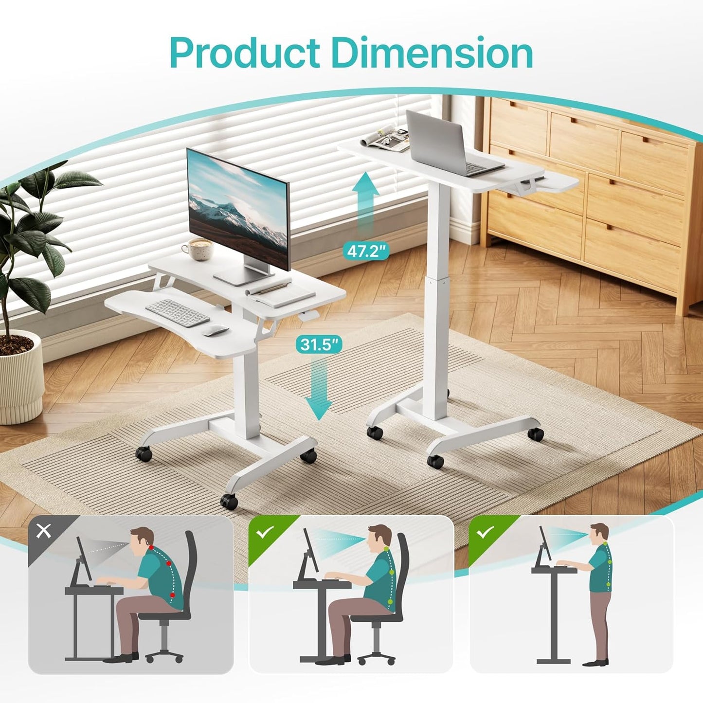 Standing Rolling Desk-Height Adjsutable up to 47.2' Rolling Podium for Teachers, 31.2'× 27.5' Dual Tier Sanding Desk for Classroom, Moveable Laptop Cart, Teacher Podium with Wheels, White