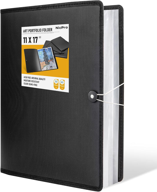 Nicpro Art Portfolio 11x17, Upgraded Large Portfolio Folder for Artwork with 30 Pockets Display 60 Pages, Presentation Book Binder with Protector Sleeves for Artists Drawing