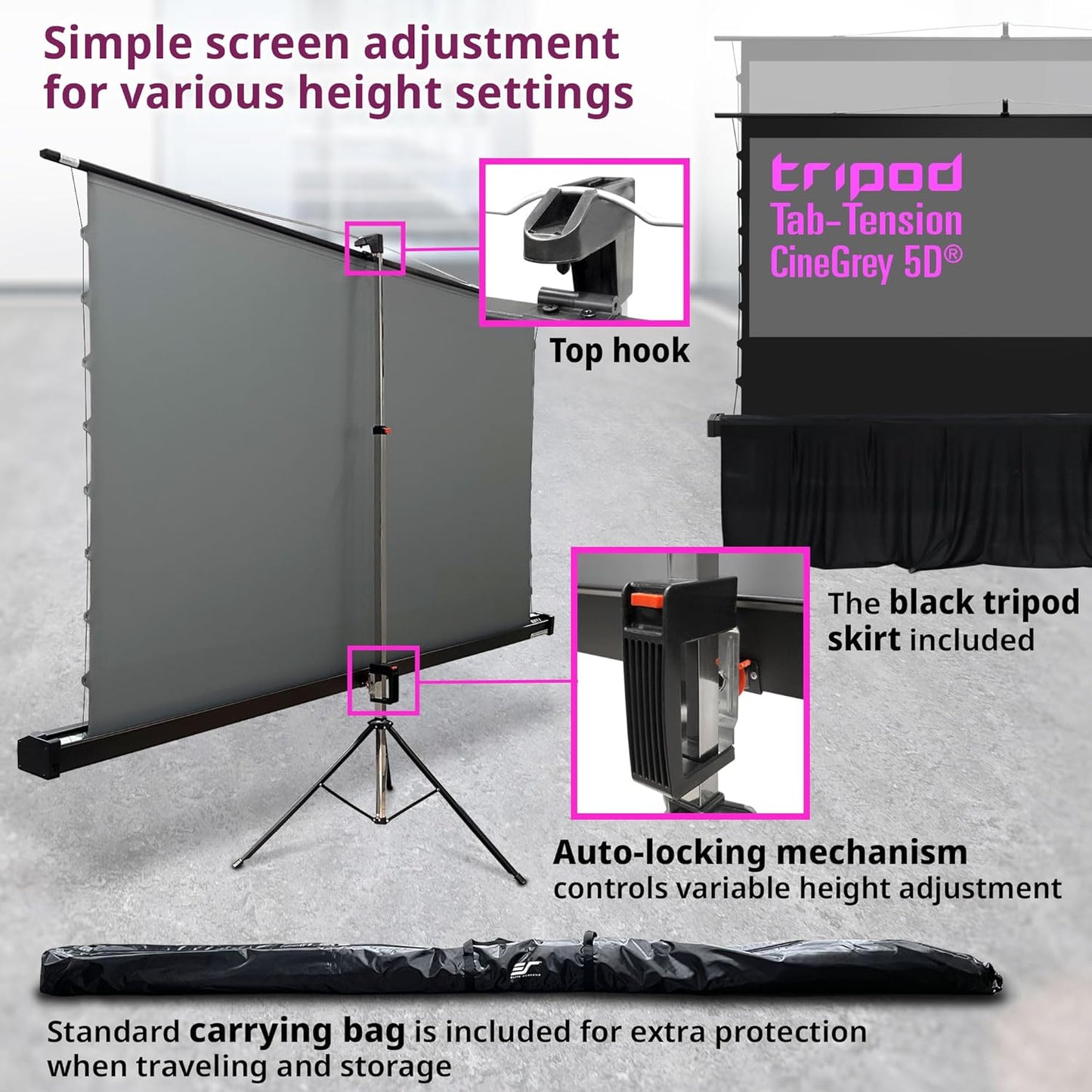 Elite Screens Tripod Tab-Tension CineGrey 5D, 103-inch Diag. 16:9, ISF Material Ceiling Ambient Light Rejecting ALR/CLR Tripod Pull-Up Portable Projector Screen, 8K 4K Ultra HD 3D Ready, TT103UHD5