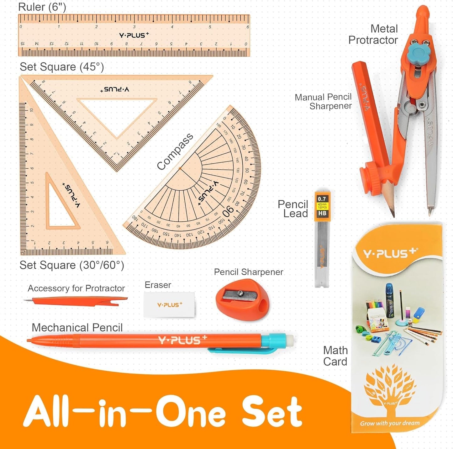 YPLUS Geometry Set for Students, Math Protractor Compass with Rulers Mechanical Pencil, Box of Protactors Kit for Class Supplies and School Kids Toddler - 12 Pcs, Back to School Supplies for Kids
